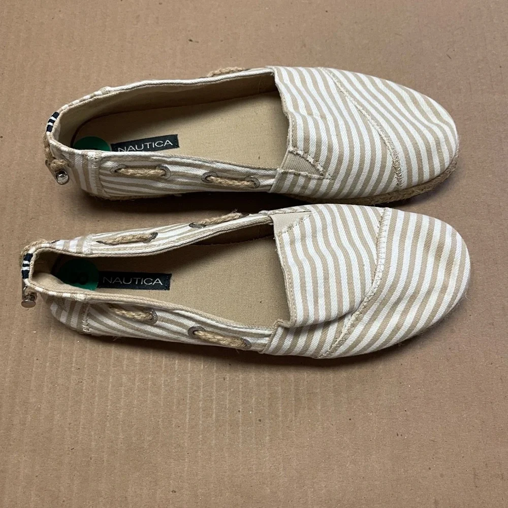 Nautica Women's Sz 8/38 Rudder Tan Striped‎ Canvas Espadrille Slip On Boat Shoes